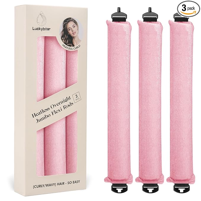 Luckybear Jumbo Heatless Hair Curler, 3pcs Pink Satin Flexi Rods - Heatless Curls, Soft Velvet Overnight Sleeping Curls Styling Tools for All Hair Types
