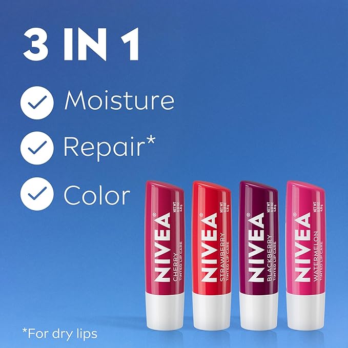 NIVEA Lip Care, Fruity Tinted Lip Balm Variety Pack, Cherry, Strawberry, Blackberry and Watermelon Flavors, Mothers Day Gifts, 0.17 Oz Stick, Pack of 4