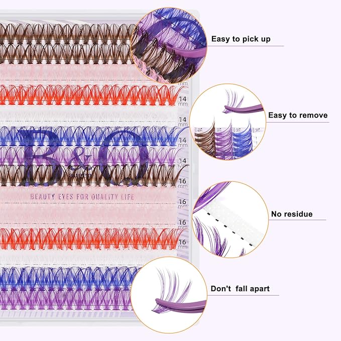 B&Q 280PCS Colored & Rainbow False Eyelashes, 6 Vibrant Colors Lash Clusters Refill Pack in 14mm & 16mm, DIY Volume Lashes for Party, Stage, Cosplay, Festival Makeup