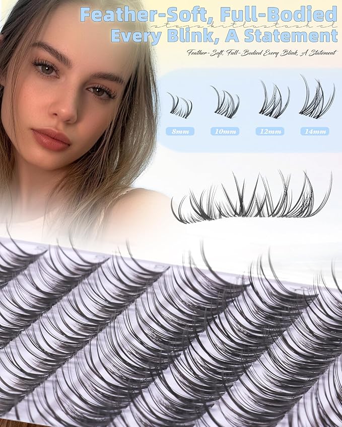 Spider Lash Clusters Kit Wispy Eyelash Clusters Kit Natural Cluster Eyelash Extension Kit CC-Curly 8mm-14mm Invisible Band Individual Lashes with White Bond and Seal DIY at Home