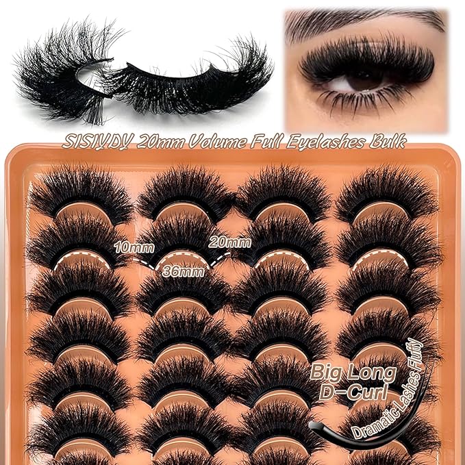 Mink Lashes Fluffy Dramatic Thick Volume Eyelashes Strips 3D 20mm 25mm Big Long Cat Eye Full Strips Lashes Faux Mink Eyelashes Multipack 20 Pairs Fake Lash Strip Pack YH305