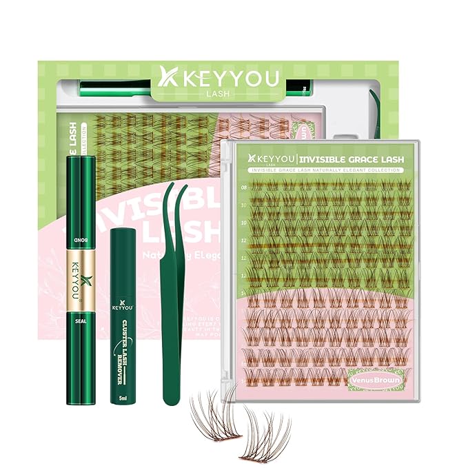 KEYYOU Venus Brown Lash Clusters Kit Fairy Lash Extension Kit C Curl 120Pcs Eyelash Extension Wispy Natural Invisible Band Lash with Waterproof DIY Lash Extension Kit at Home(Venus Brown-C-8-16MIX)