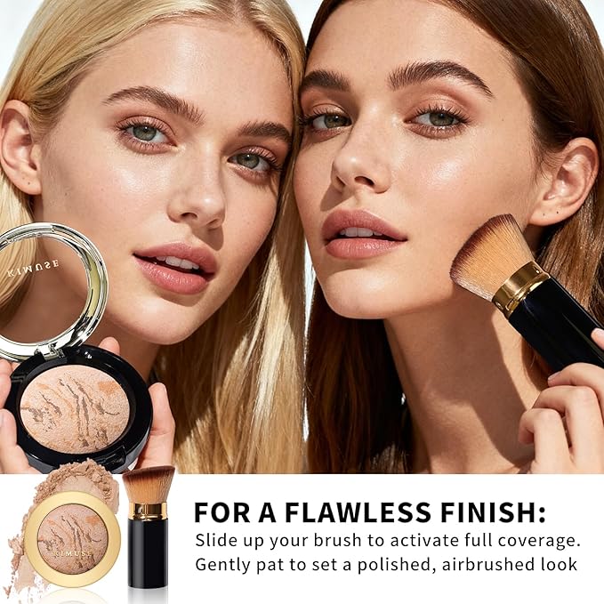 KIMUSE Baked Foundation - Brighten Color Correcting Powder Foundation with Retractable Kabuki Brush Makeup Set for Mature Skin, Buildable Coverage, Radiant Natural Finish