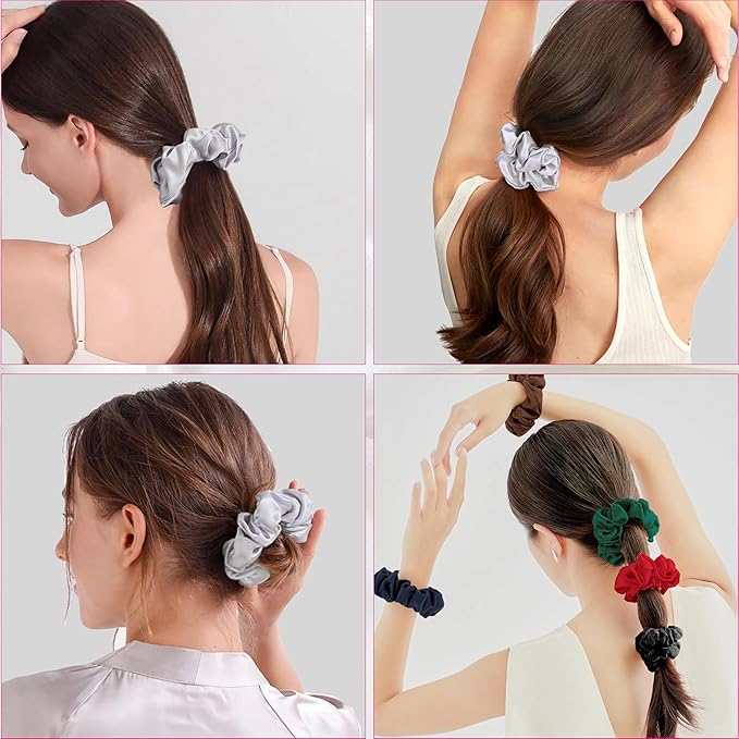 100% Mulberry Silk Scrunchies - 16 Momme Hair Ties for Women with Curly, Thick or Thin Hair, Black Satin for Sleep (1, 05 Grey)