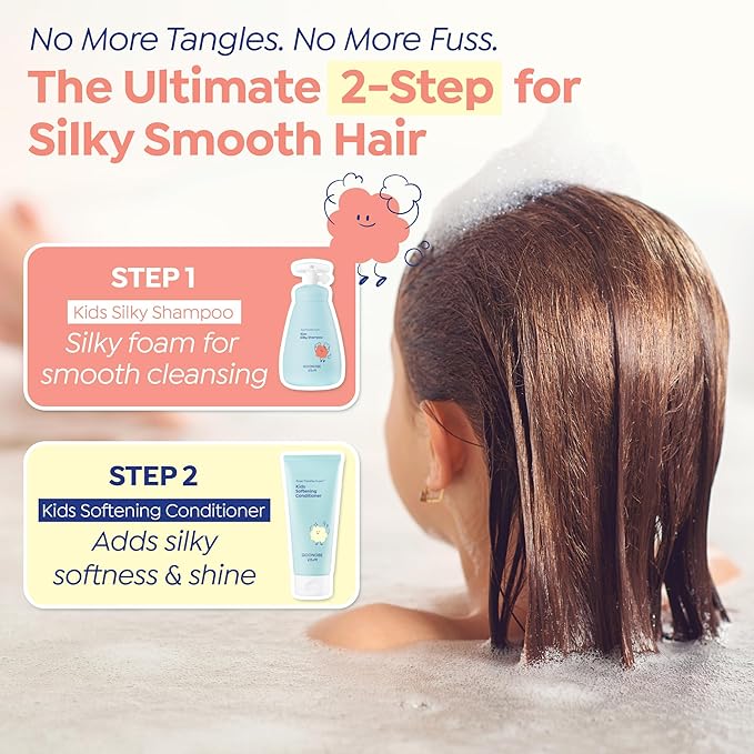 GOONGBE Korean Kids Silicone-Free Silky Shampoo & Conditioner for Weak Frizzy Hair - Glossy Shine & Tangle Prevention - Low pH - Allergen-Free, 10.1oz & 6.76oz