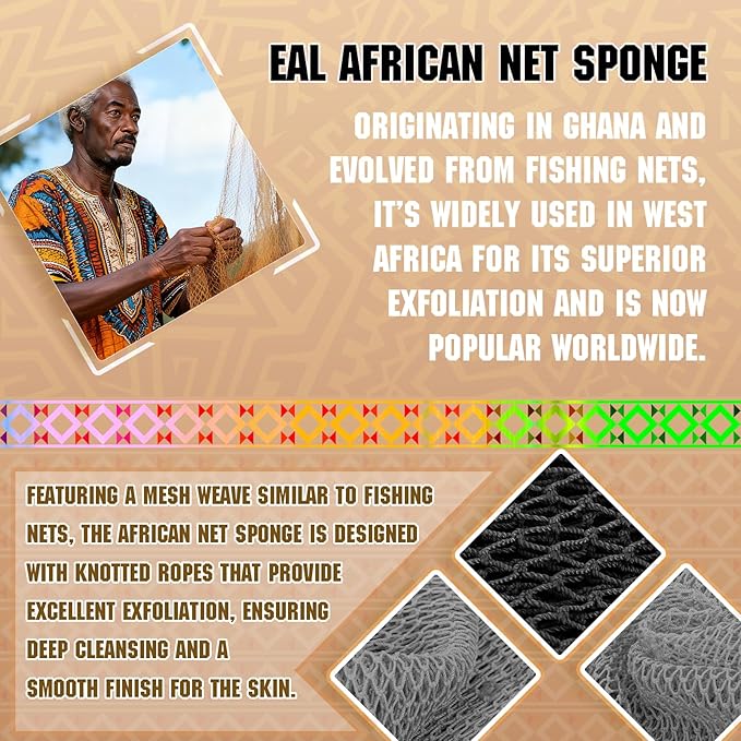 Real African Net Sponge - 2 Pieces Premium Body Exfoliator - Gentle Scrub for Dry/Sensitive Skin - Durable & Easy Rinse Shower Essential (Black Gray)