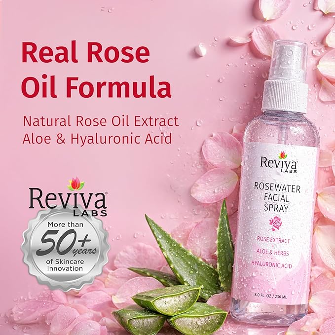 Reviva Labs Rosewater Facial Spray with Soothing Aloe, Herbs & Hyaluronic Acid - Hydrating Rose Water Spray for Face Agua de Rosas para La Cara - Face Mist Toner for All Skin Types, 8 Fl Oz (3 Pack)