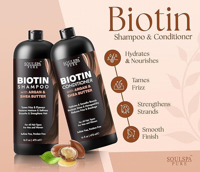 SOULSPA PURE Biotin Argan Oil Shampoo and Conditioner Set - Shea Butter Moisturizing Formula for Curly, Dry & Damaged Hair - Deep Hydration for Men & Women - Made in USA - 16 fl oz Each