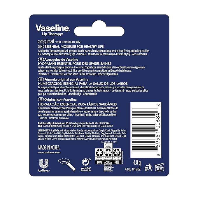 Vaseline Lip Therapy Care Original,Fast-Acting Nourishment,Ideal for Chapped,Dry,Cracked,or Damaged Lips,Lip Balm,0.16 Ounce,(Pack of 24)