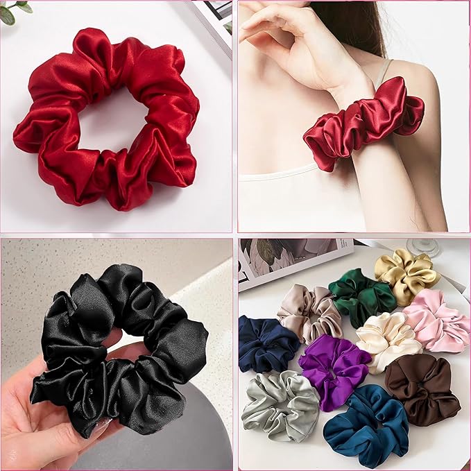 SALE!! 100% Pure Mulberry Silk Hair Scrunchies16 Momme silk scrunchies 100% Silk Hair Scrunchies Silk Hair Ties for Women Girls Curly Thick Thin Hair Women's Black Satin Sleep (2, 05 red & black)