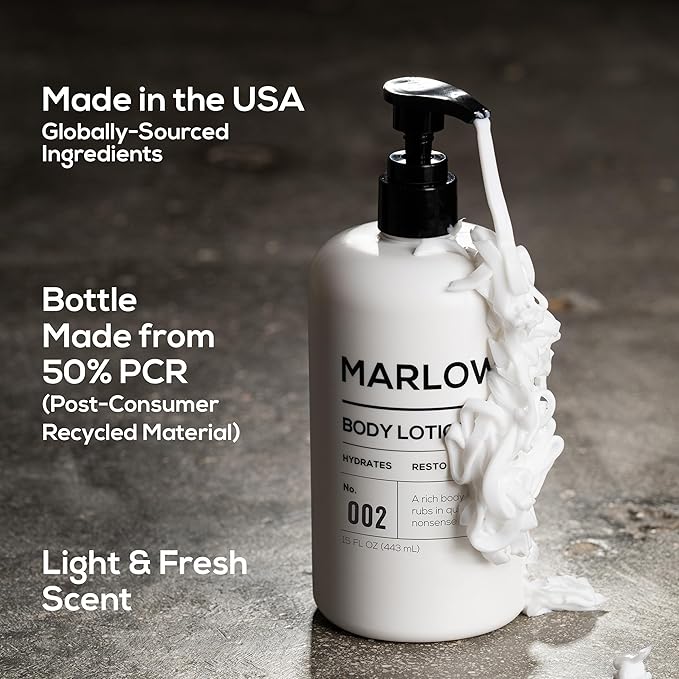 MARLOWE. Body Lotion for Men, 15 oz Pump, Hydrating & Nourishing Daily Moisturizer for Dry Skin, Non-Oily, Clean Vegan Formula with Aloe Vera & Amino Acids, Original Fresh Sage & Fir Scent
