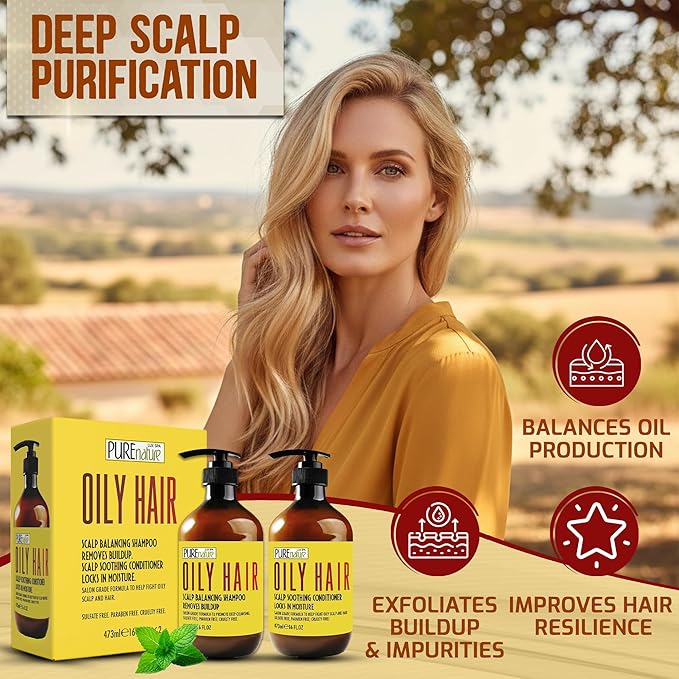 Oily Hair Shampoo and Conditioner Set - Sulfate Free Moisturizing Cleanse for Oily, Flaky Scalps - Fights Dandruff and Itchiness - Salon Professional Formula - For Men and Women - 16 Fl Oz (Set of 2)