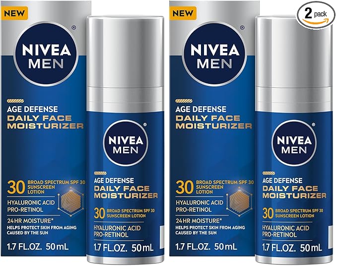 NIVEA MEN Age Defense Daily Face Moisturizer with Broad Spectrum SPF 30 Sunscreen, Pro-Retinol and Hyaluronic Acid, Beard-Friendly Face Lotion Helps Defend Against UVA/UVB Rays, 1.7 Fl Oz,(Pack of 2)