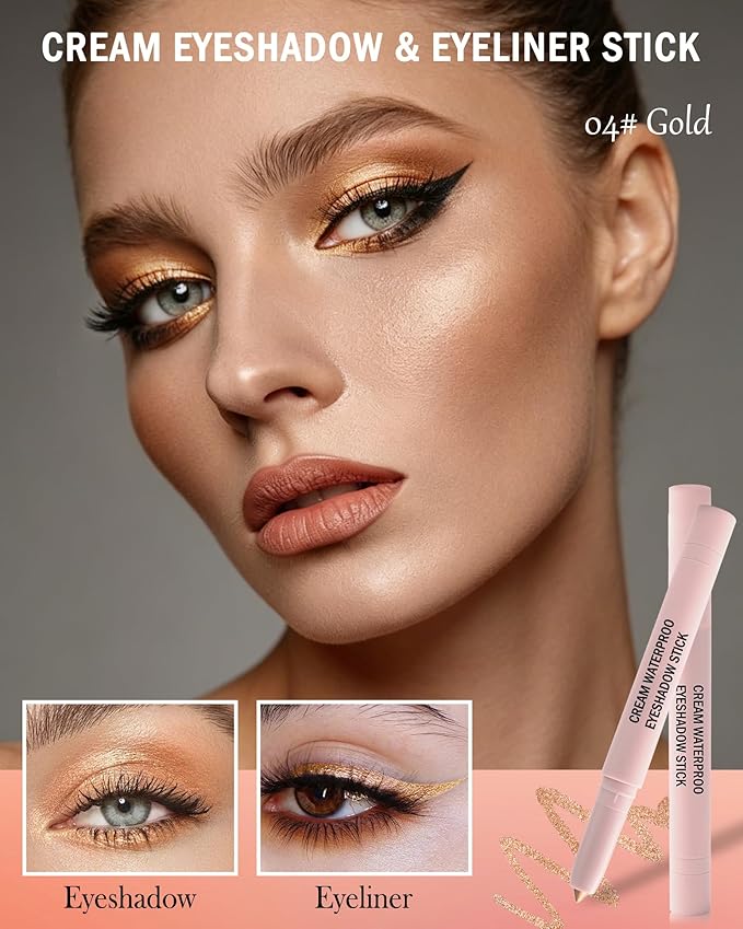 Gold Cream Eyeshadow Stick,Gold Eyeshadow Brightener with Sharpener & Blending Blush, High Pigment Neutral Eye Shadow Stick, Waterproof Smooth Glitter Eyeliner Buildable Beauty Makeup for Women-04