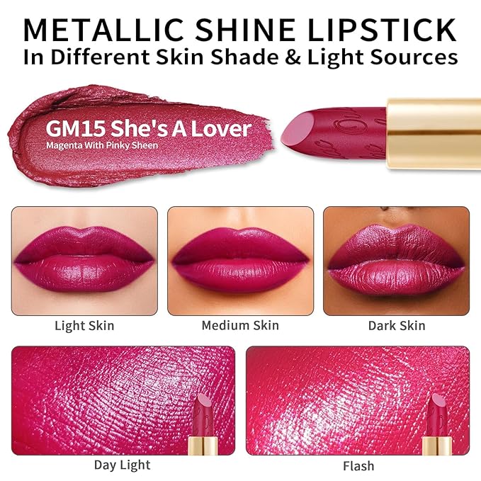 Oulac Matte Magenta Lipstick with Glow Metallic Finish - Vegan Lipstick for Women, Creamy Texture, Hydrating Clean Beauty Formula, High-End Magnetic Hook Design, GM15 She's A Lover