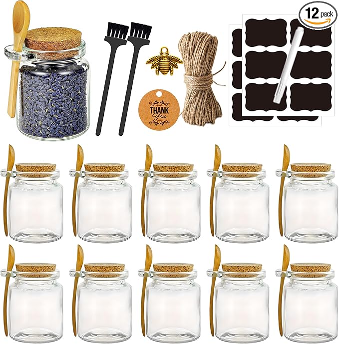 Sugar Scrub Containers, Bath Salt Jar, Spice Jars with Bamboo Spoon, Body Scrub Containers, 8oz Sugar Scrub Jars, Homemade Butter Container W/ Labels and Cleaning Brush, 12 Pack