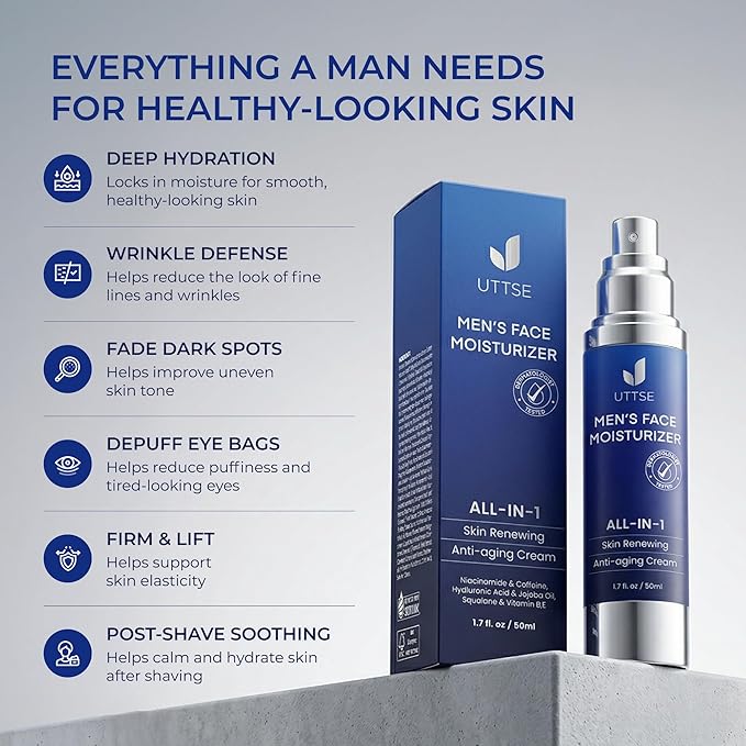 Uttse 6-in-1 Mens Face Moisturizer: Face Cream for Men - Reduce the Look of Eye Bags, Dark Circles, and Puffiness - Skin Care for Men - Made in Korea