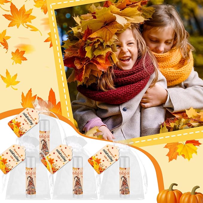 50 Set Fall Gifts Lip Balms Bulk Fall Party Favors 6 Assorted Flavors with 50 Organza Bags and Cards Autumn Pumpkin Maple Leaf Chapstick Thanksgiving Gifts for Women Men Coworkers Guest