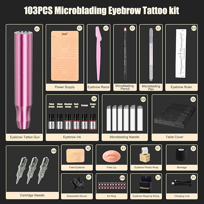 Microblading Tattoo Gun Kit, 1400mAh Cordless Tattoo Pen & Eyebrow Pencil Set for Makeup Supplies, Semi-Permanent Eyebrow Tattoo Machine with 50Pcs Needles for Beginners Artists (Pink)