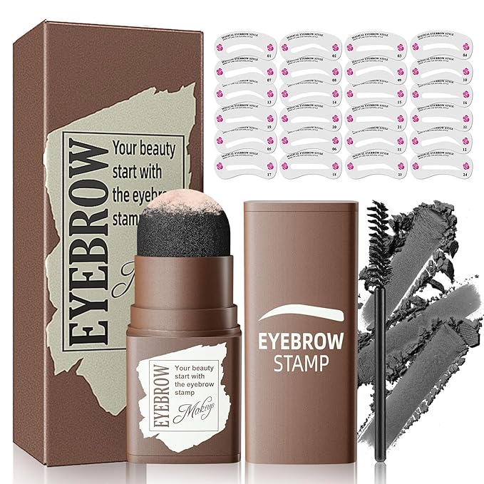 Eyebrow Stamp Stencil Kit - Eyebrow Powder and Eyebrow Stencils for Shaping with Eyebrow Brush, Long-Lasting Waterproof Brow Shaping Kit with 24 Reusable Thin & Thick Eyebrow Stencils (Black)