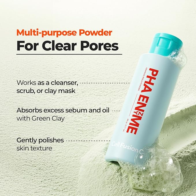 Cell Fusion C PHA Enzyme Granule Peels Cleansing Powder – Multi-Purpose Powder Cleanser for Blackhead Removal & Sebum Control, Exfoliation for Smooth Skin, 2.11 oz / 60g