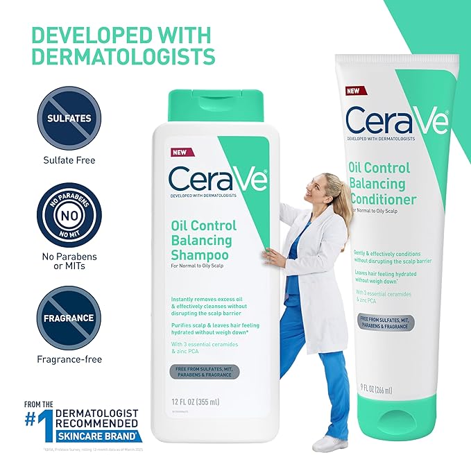 CeraVe Oil Control Balancing Shampoo, Clarifying Shampoo With Ceramides & Hyaluronic Acid, Removes Oil and Leaves Hair Feeling Hydrated, For All Hair & Scalp Types, Sulfate Free & Color Safe, 12 oz