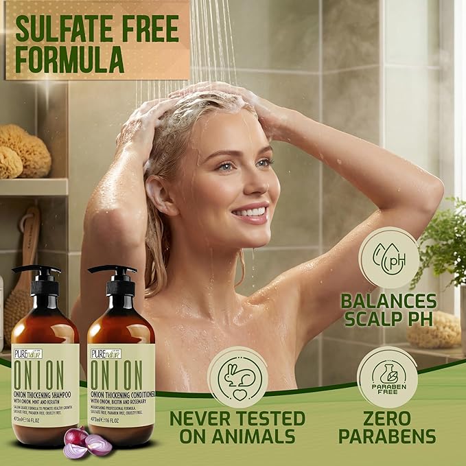 Onion Shampoo and Conditioner Set - Sulfate Free Thickening Formula for Men and Women - Paraben Free Volumizing Set for Thin, Fine Hair - Volume Boosting Salon Professional Care - 16 Fl Oz (Set of 2)