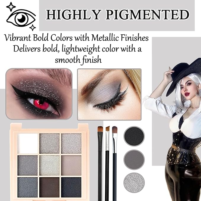 Black Grey Smoky Eyeshadow Palette,15 Colors Matte Shimmer Pigmented Eye Shadow Makeup Palette Set with 3 Eyeshadow Brushes,Glitter Eye Shadow Palette for Daily Halloween Goth Makeup(F)