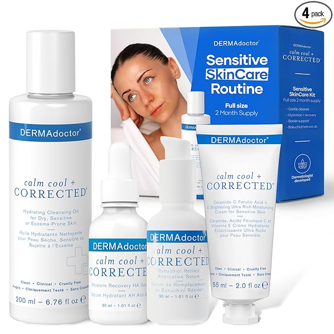 DERMAdoctor Dermatologist Formulated Skincare Set – Cleansing Oil, Hyaluronic Acid & Niacinamide Serum, Bakuchiol Anti Aging Serum, Vitamin C Ceramide Barrier Moisturizer for Sensitive Skin