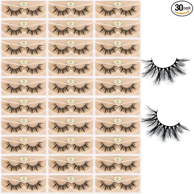 FARRED Wholesale Faux Mink Lashes 30 Pairs 3D A02 Medium Length Vegan Eyelashes Fluffy Volume Strip Lashes Bulk Fake Mixed Natural Look 3D False Eyelashes (3D A02)