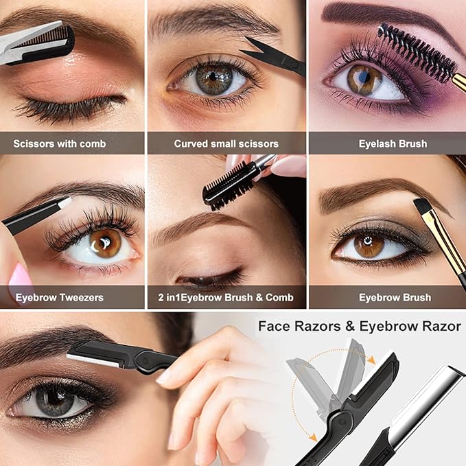 12 in 1 Eyebrow Trimmer Kit Eye Brow Scissors, Eyebrow Razor, Eyebrow Comb, Eyebrow Comb Scissor, Eyebrow Brush,Folding Eyebrow Knife, Scissors Razor, Eyebrow Trimmer, Tweezers.