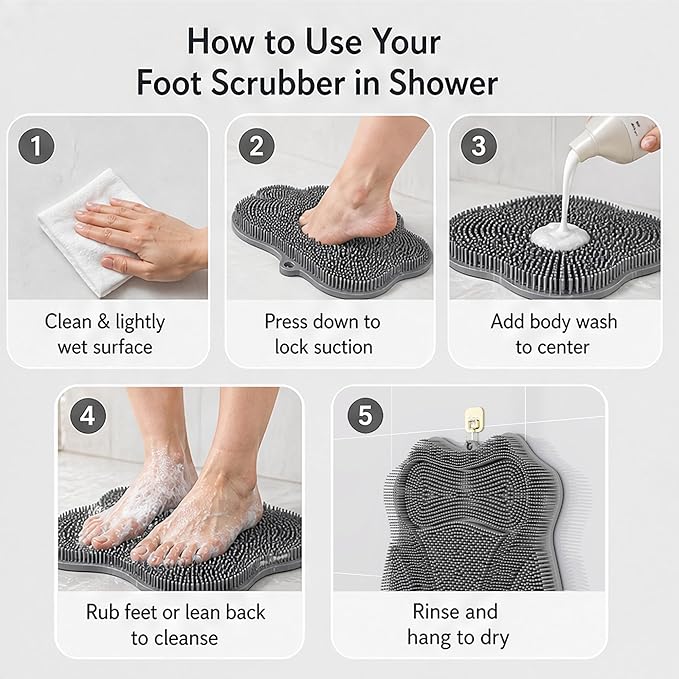 Dual-Sided Silicone Shower Foot Scrubber Mat – Foot Scrubber in Shower for Deep Cleaning & Exfoliation | Wall-Mounted Shower Foot Scrubber Mat & Back Cleaner for Men and Women(Pink, Standard)