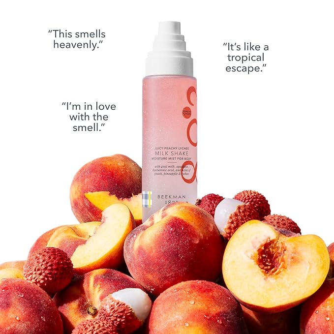 Beekman 1802 Milk Shake Hydrating Body Mist – Alcohol-Free Moisture with Goat Milk, Hyaluronic Acid & Squalane, Lightweight Skin Softening Spray for Sensitive Skin – Juicy Peachy Lychee, 4.7 Fl Oz