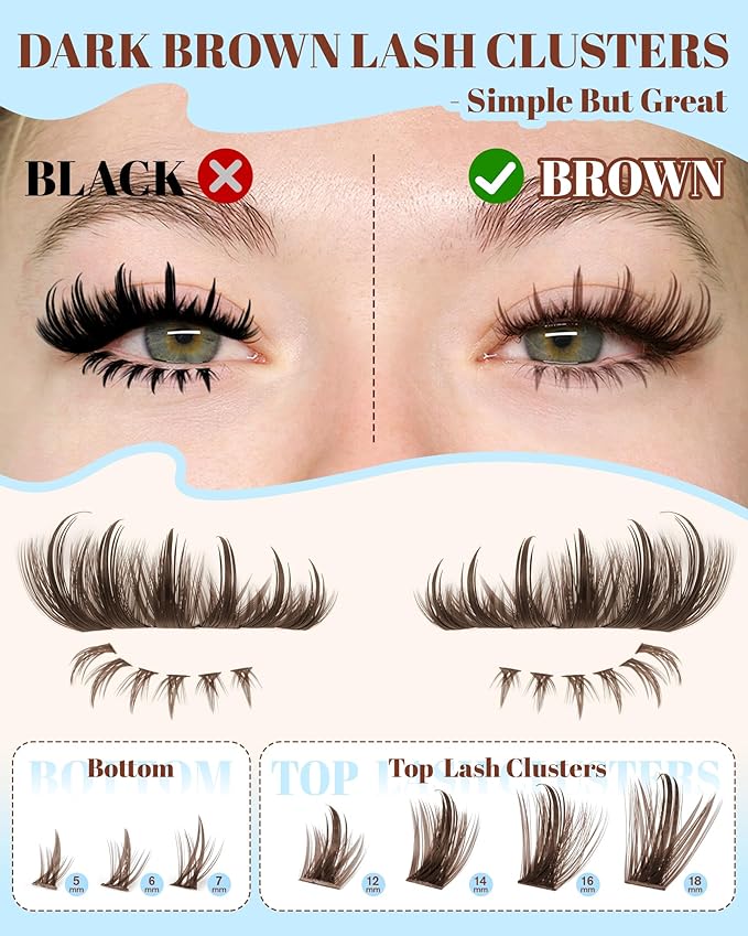 Zegaine Brown Lash Clusters Kit Dark Brown Lashes With Spikes Bottom Eyelash Clusters Manga Brown Cluster Lashes Kit With Lash Bond&Seal, Lash Tweezers Anime Cluster Eyelash Extensions 12-18MM 264Pcs