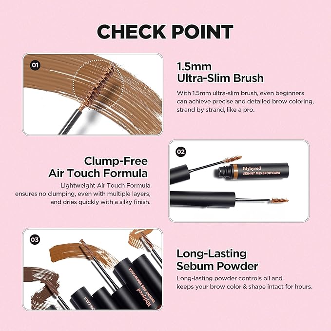 lilybyred Skinny Mes Brow Mascara | Korean 1.5mm Ultra-Slim Brush Eyebrow Mascara, Precision Application, Natural-Looking Finish, Smudge-Proof, Clump-Free, Long-Lasting, 0.12 oz. (04 Gray Brown)