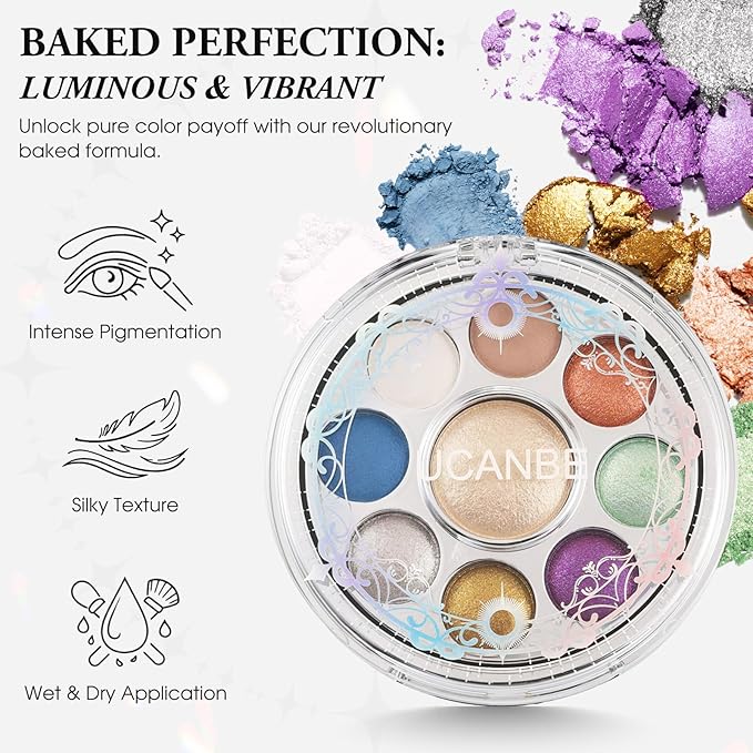 UCANBE Baked Eyeshadow & Highlighter Palette, High Pigmented Blendable Matte Metallic Shimmer Party Eye Shadow & Cheek Makeup Palette, Rotating Compact Design Makeup Gift, 03 Enchanted Gemstone