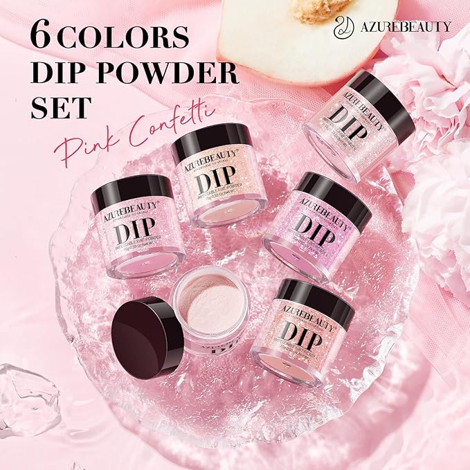 AZUREBEAUTY Dip Powder Nail Kit, 6 Colors Jelly Pink Transparent Nude Hot Pink Peach Dip Dipping Powder Starter Set, French Nail Art Manicure DIY Salon, No Need Nail Lamp Cured Mother's Day Gift
