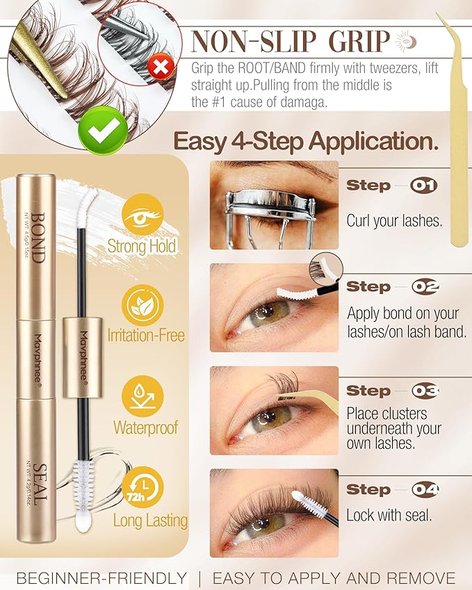 Brown Lash Clusters Kit Spider Cluster Eyelash Extensions Kit Fluffy Wispy Individual Lash Extensions 10-16MM CC Curl Clear Band Eyelash Clusters with Bond and Seal Lash Glue and Applicator