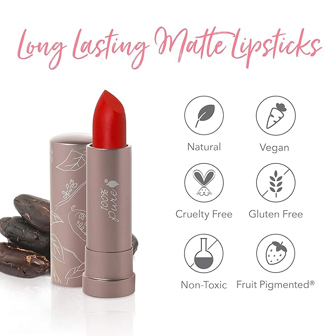 100% PURE Cocoa Butter Matte Lipstick Full Stay All Day Coverage, Lasting Moisturizing & Softening Natural Lip Color for All Skin Tones, Vegan Fruit Pigmented Sonora (Orange-Red) - 0.15 oz