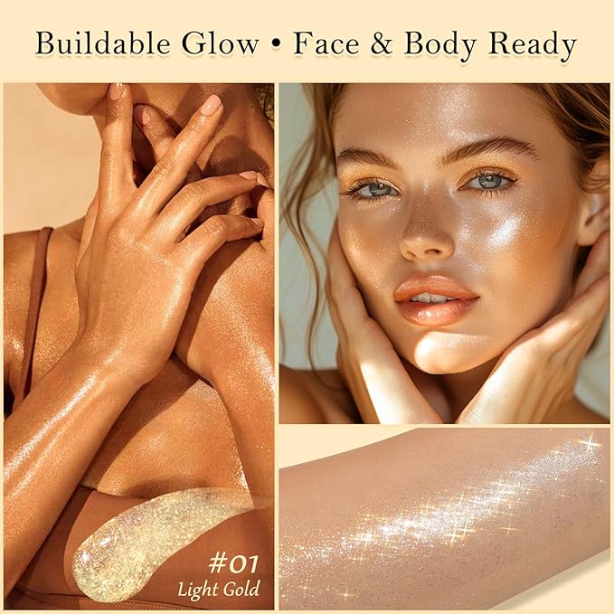 Liquid Glitter Highlighter Glow Drops – Face Highlighter & Body Shimmer Makeup, Illuminating Radiant Glow for Festival Rave Party, Long Lasting 01 Champagne Gold