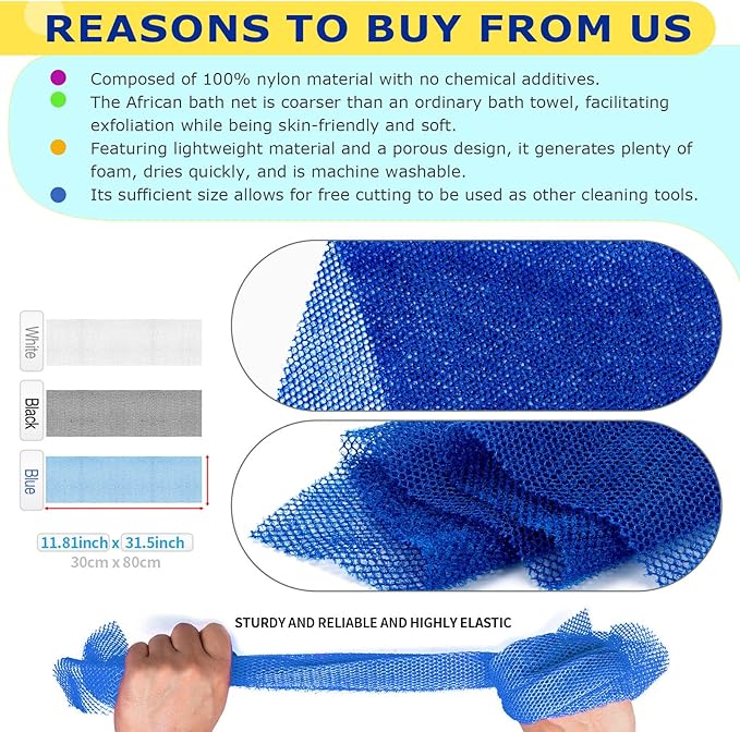 3-Piece African Net Sponge Set - Exfoliating Scrubber for Face/Body Shower, Travel-Portable Design, Long-Lasting, Gentle Exfoliation for All Genders(Black,Blue,White)