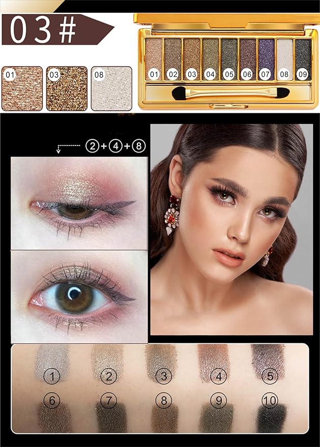 Glitter Eyeshadow Palette, 9 Colors Sparkle Shimmer and Matte Eye Shadow, Highly Pigmented Waterproof Long Lasting Makeup Set (Color 3)