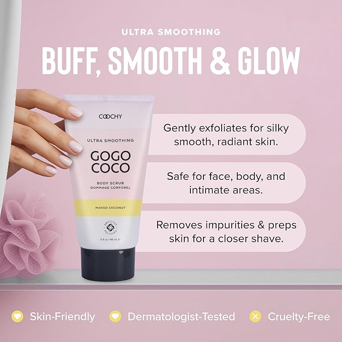 COOCHY Ultra Smoothing Body Scrub | Gentle Exfoliating Body Scrub for Sensitive Skin | Removes Dead Skin Cells, Prevents Ingrowns | Paraben-free, Cruelty-free | Mango Coconut 5 oz/148 mL