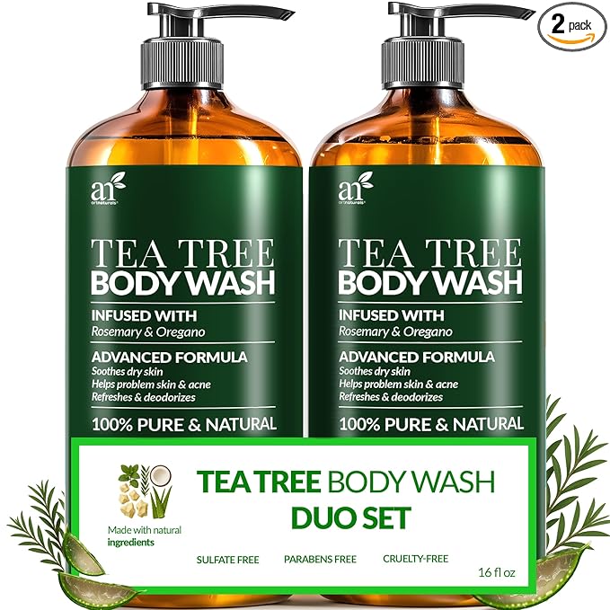 Artnaturals Antibacterial Tea Tree Oil Body Wash For Men & Women Remedy Soap Extra Strength - Helps Treat Acne, Athletes foot, Eczema, Toenail Fungus & Jock Itch & Ringworm (16 Fl Oz (Pack of 2)