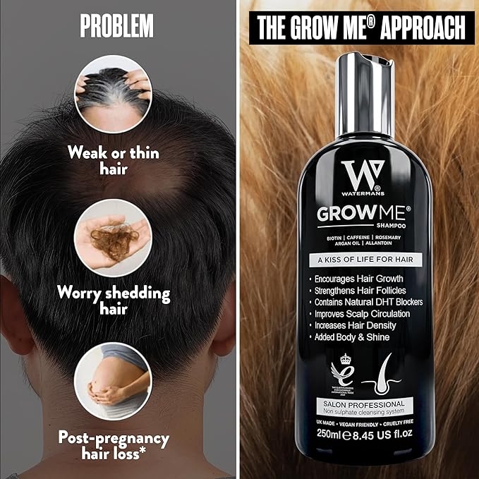 Watermans Grow Me Organic Hair Growth Shampoo for Men & Women – Strengthening & Moisturizing with Biotin, Rosemary, Caffeine & Argan Oil for Fuller, Thicker-Looking Hair (8.45 fl oz)
