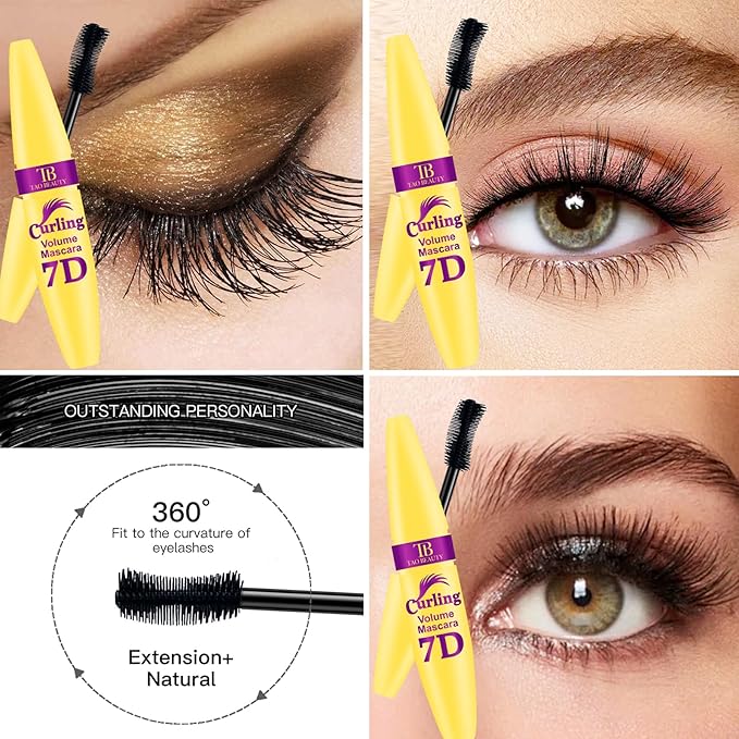 7D Fiber Lashes Waterproof Volumizing Mascara, Lengthening & Waterproof, Smudge-Resistant, Long-Lasting Formula (Black)