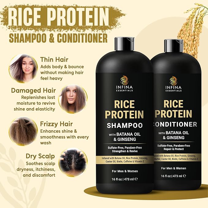 INFINA ESSENTIALS Rice Water Shampoo and Conditioner Set | 16 fl oz Each | with Batana Oil & Ginseng | Rice Shampoo for Repairing Damaged Hair | Strengthening & Thickening Formula | Made in USA