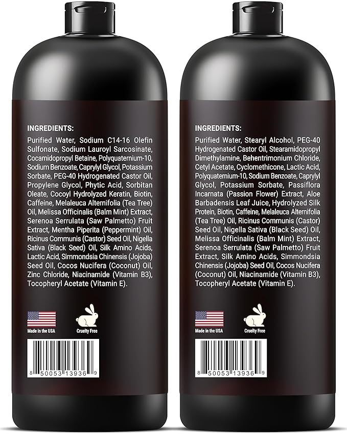 SOULSPA PURE Castor Oil & Black Seed Biotin Shampoo and Conditioner Set - Sulfate Free Nourishing Formula for Thinning Hair & Dry Scalp - Deep Moisture for Men & Women - Made in USA - 16 fl oz Each