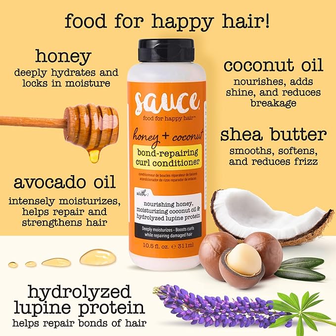 SAUCE Honey + Coconut Bond Repair Curly Hair Conditioner, 10.5 Fl Oz, Controls Frizz, Helps Repair Damage & Reduce Breakage with Lupine Protein & Squalane, No Sulfates & Parabens