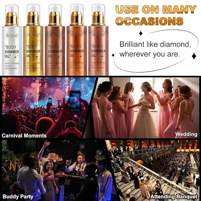 Shimmer Oil 100ml, Moisturizing Long Lasting Body Luminizer Face Brighten, Waterproof Liquid Illuminator Glow, Glitter Oil Highlighter Summer Glowing Makeup (#05 Rose Gold)